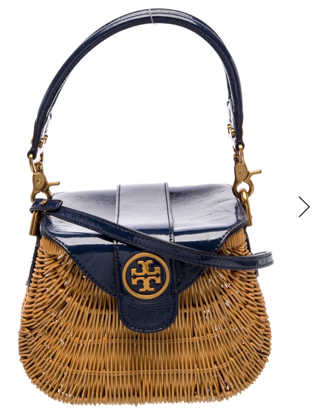 Tory Burch Navy Leather & Natural Wicker Shoulder Bag with Gold Hardware